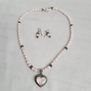 Sterling Silver Pink Quartz Heart Necklace Matching Earrings